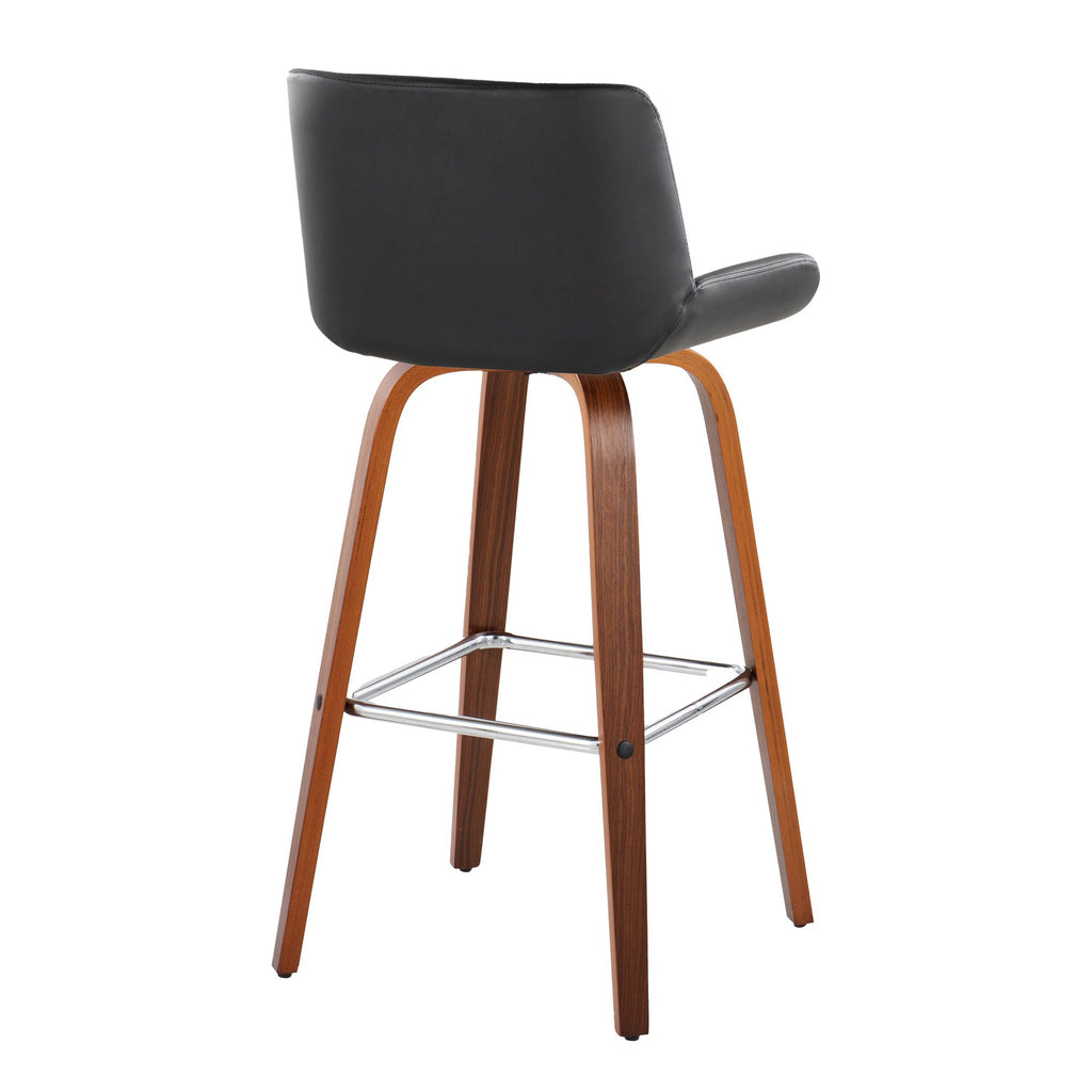 Santi 30" Fixed-Height Barstool - Set of 2 - Walnut Wood, Chrome Metal, Black PU