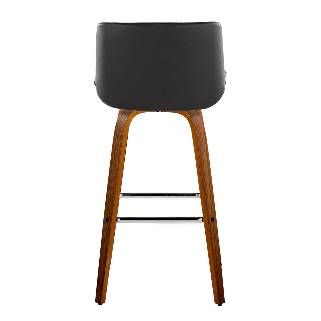 Santi 30" Fixed-Height Barstool - Set of 2 - Walnut Wood, Chrome Metal, Black PU