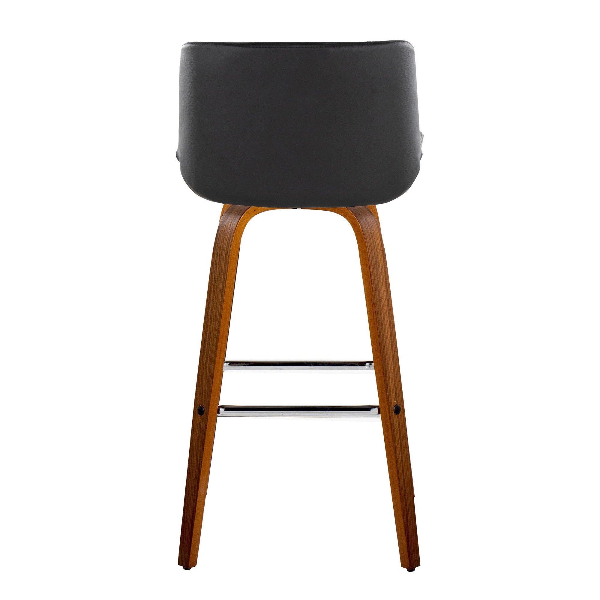 Santi 30" Fixed-Height Barstool - Set of 2 - Walnut Wood, Chrome Metal, Black PU