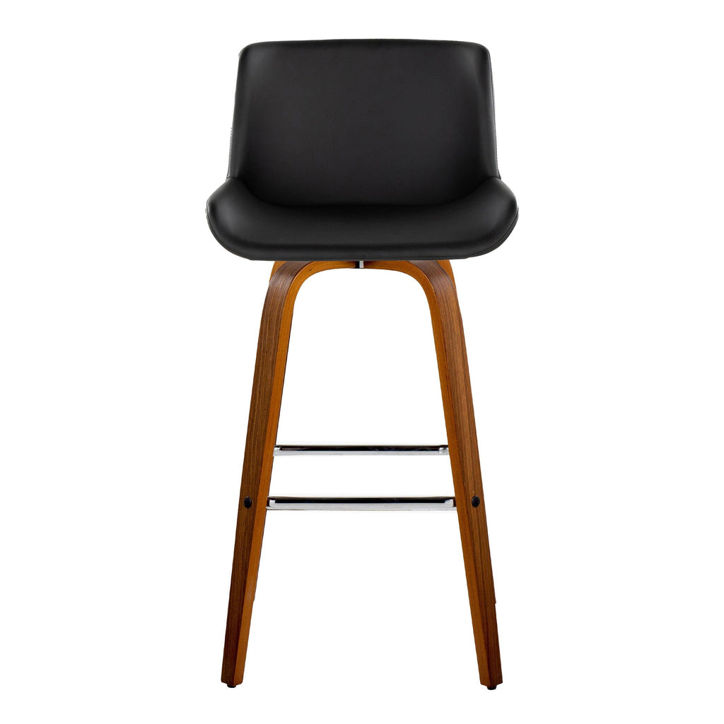 Santi 30" Fixed-Height Barstool - Set of 2 - Walnut Wood, Chrome Metal, Black PU