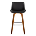 Santi 30" Fixed-Height Barstool - Set of 2 - Walnut Wood, Chrome Metal, Black PU