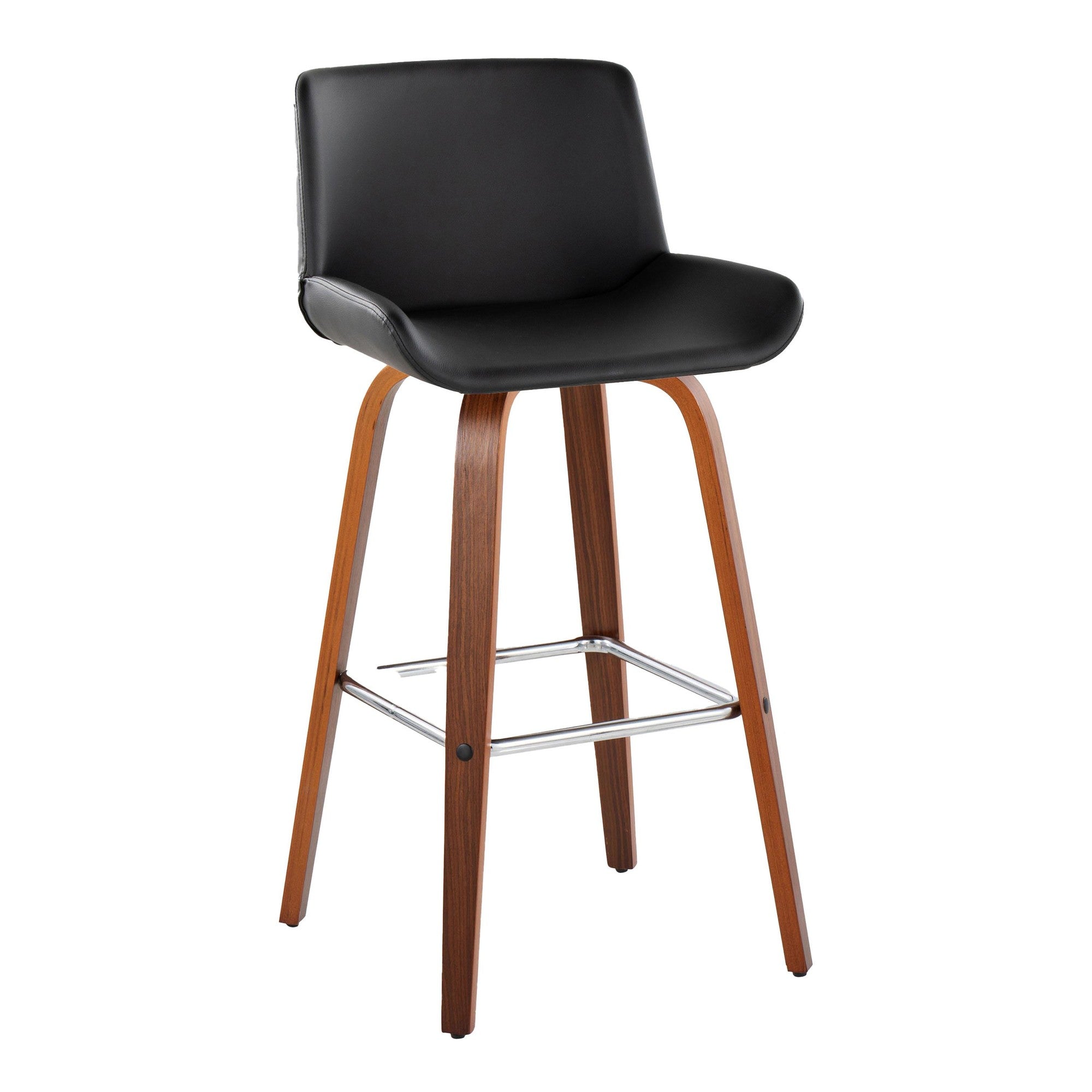 Santi 30" Fixed-Height Barstool - Set of 2 - Walnut Wood, Chrome Metal, Black PU