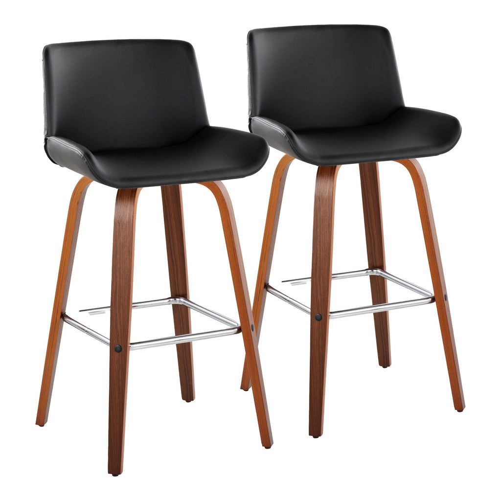 Santi 30" Fixed-Height Barstool - Set of 2 - Walnut Wood, Chrome Metal, Black PU