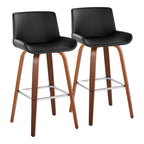 Santi 30" Fixed-Height Barstool - Set of 2 - Walnut Wood, Chrome Metal, Black PU