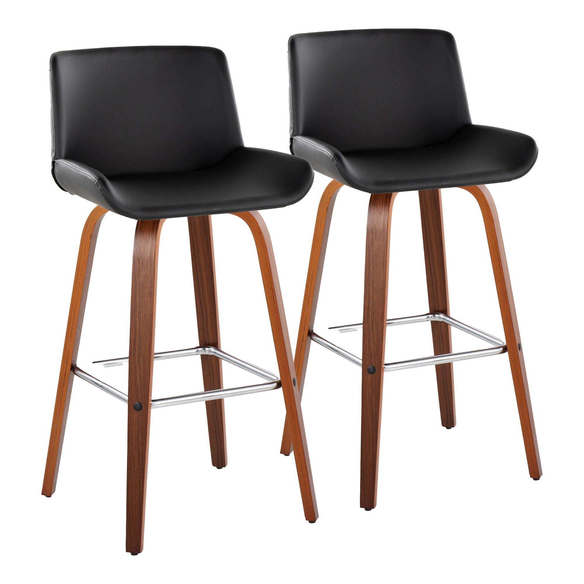 Santi 30" Fixed-Height Barstool - Set of 2 - Walnut Wood, Chrome Metal, Black PU