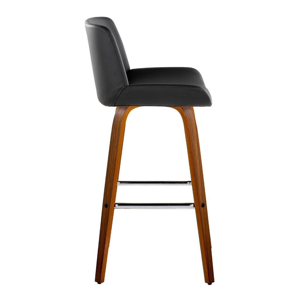 Santi 30" Fixed-Height Barstool - Set of 2 - Walnut Wood, Chrome Metal, Black PU