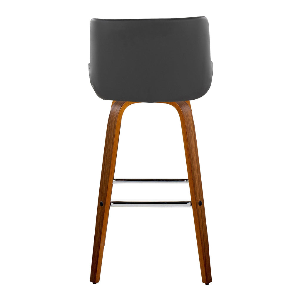 Santi 30" Fixed-Height Barstool - Set of 2 - Walnut Wood, Chrome Metal, Grey PU
