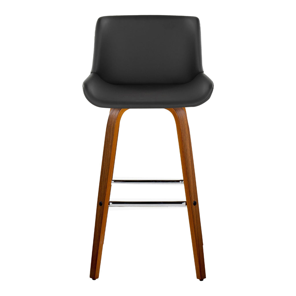 Santi 30" Fixed-Height Barstool - Set of 2 - Walnut Wood, Chrome Metal, Grey PU