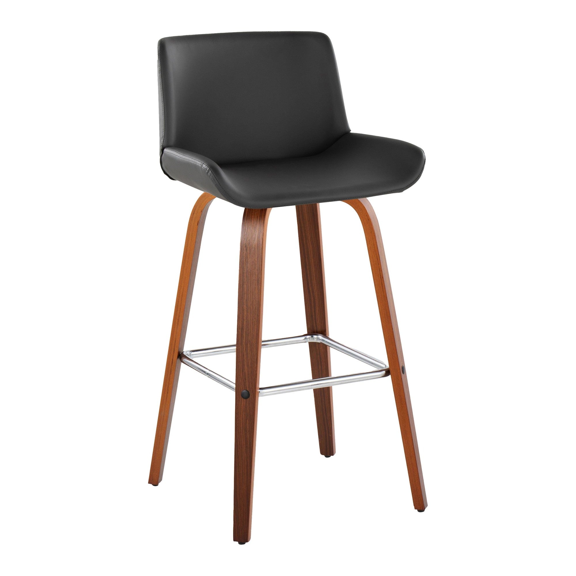 Santi 30" Fixed-Height Barstool - Set of 2 - Walnut Wood, Chrome Metal, Grey PU