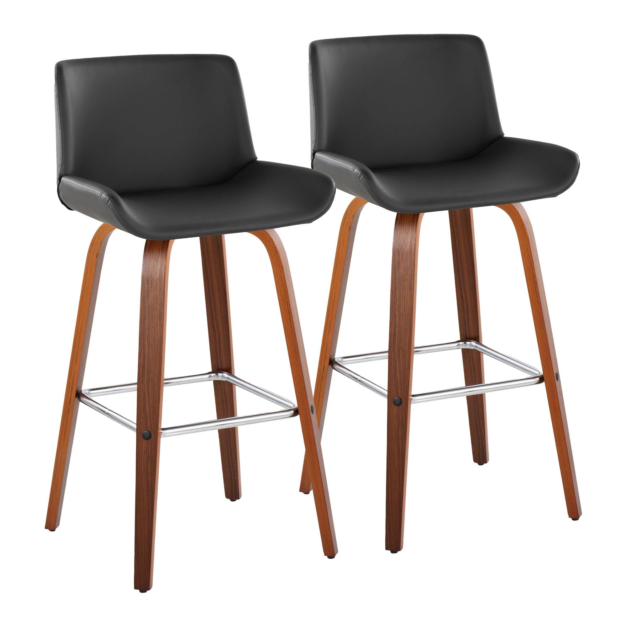Santi 30" Fixed-Height Barstool - Set of 2 - Walnut Wood, Chrome Metal, Grey PU