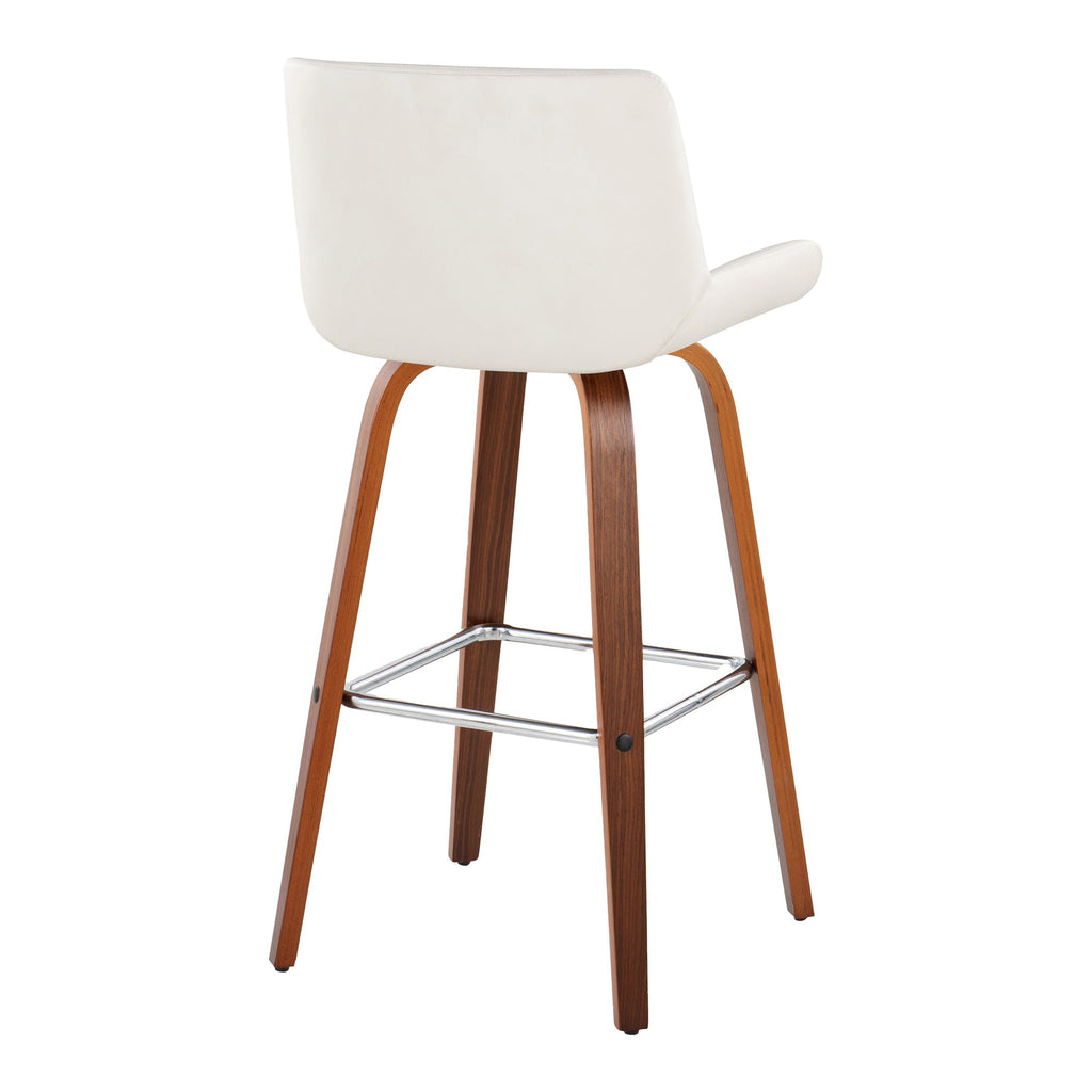 Santi 30" Fixed-Height Barstool - Set of 2 - Walnut Wood, Chrome Metal, White PU