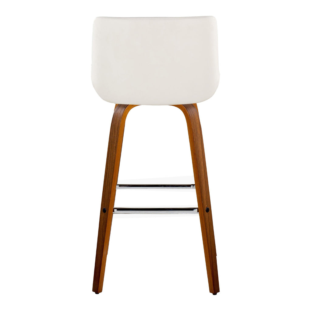 Santi 30" Fixed-Height Barstool - Set of 2 - Walnut Wood, Chrome Metal, White PU