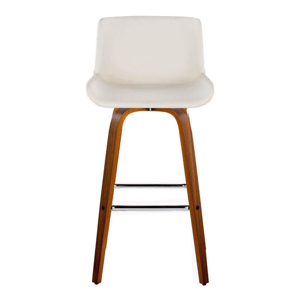 Santi 30" Fixed-Height Barstool - Set of 2 - Walnut Wood, Chrome Metal, White PU
