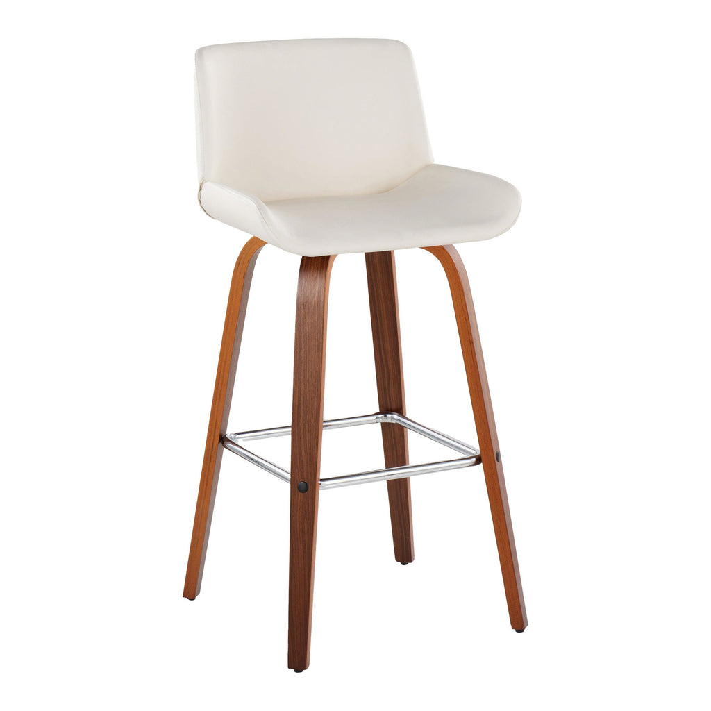 Santi 30" Fixed-Height Barstool - Set of 2 - Walnut Wood, Chrome Metal, White PU