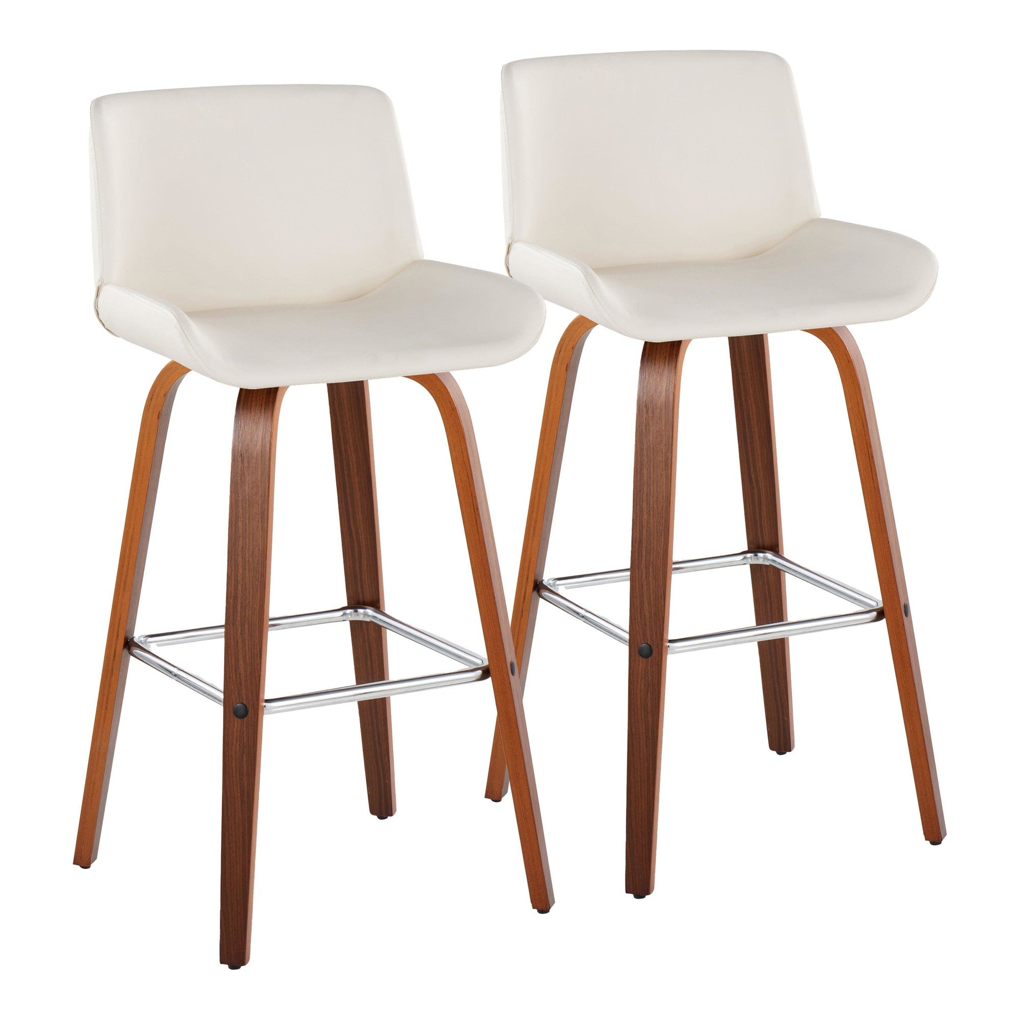 Santi 30" Fixed-Height Barstool - Set of 2 - Walnut Wood, Chrome Metal, White PU