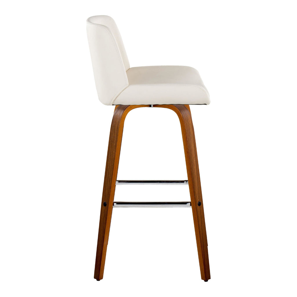 Santi 30" Fixed-Height Barstool - Set of 2 - Walnut Wood, Chrome Metal, White PU