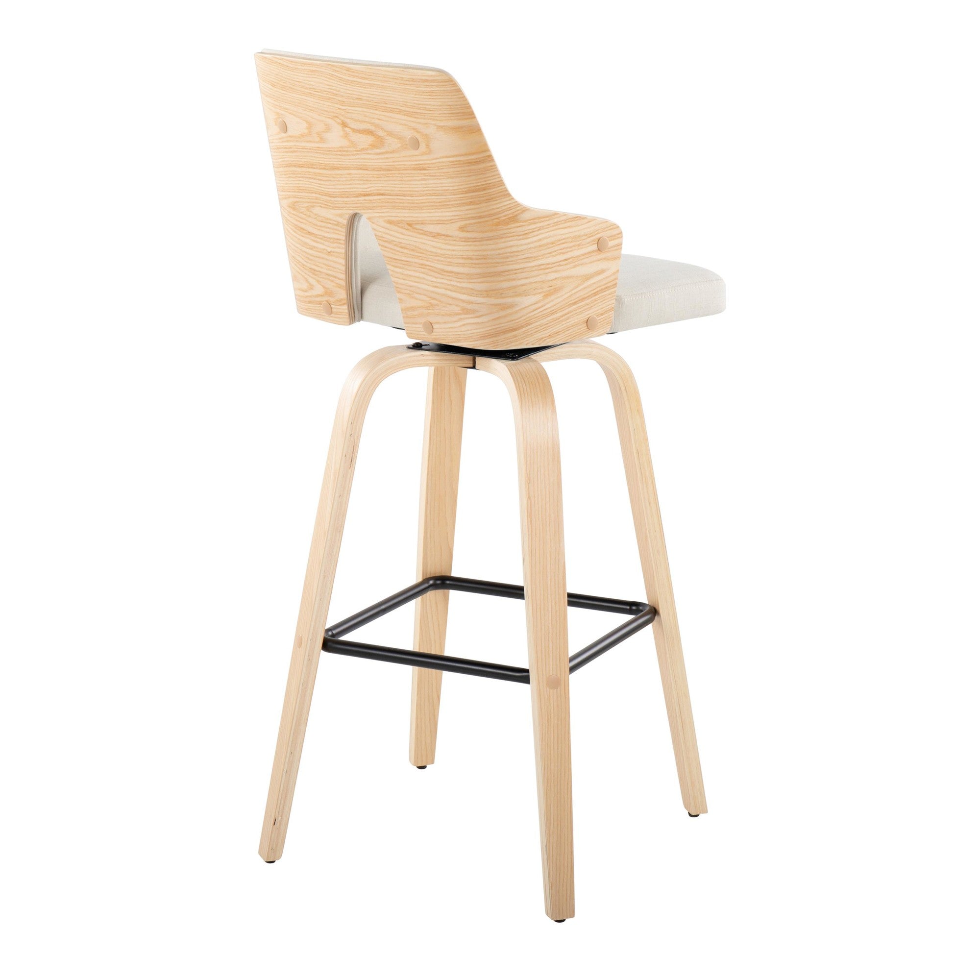 Stella 30" Fixed-Height Barstool - Set of 2 - Natural Wood, Cream Fabric, Black Metal