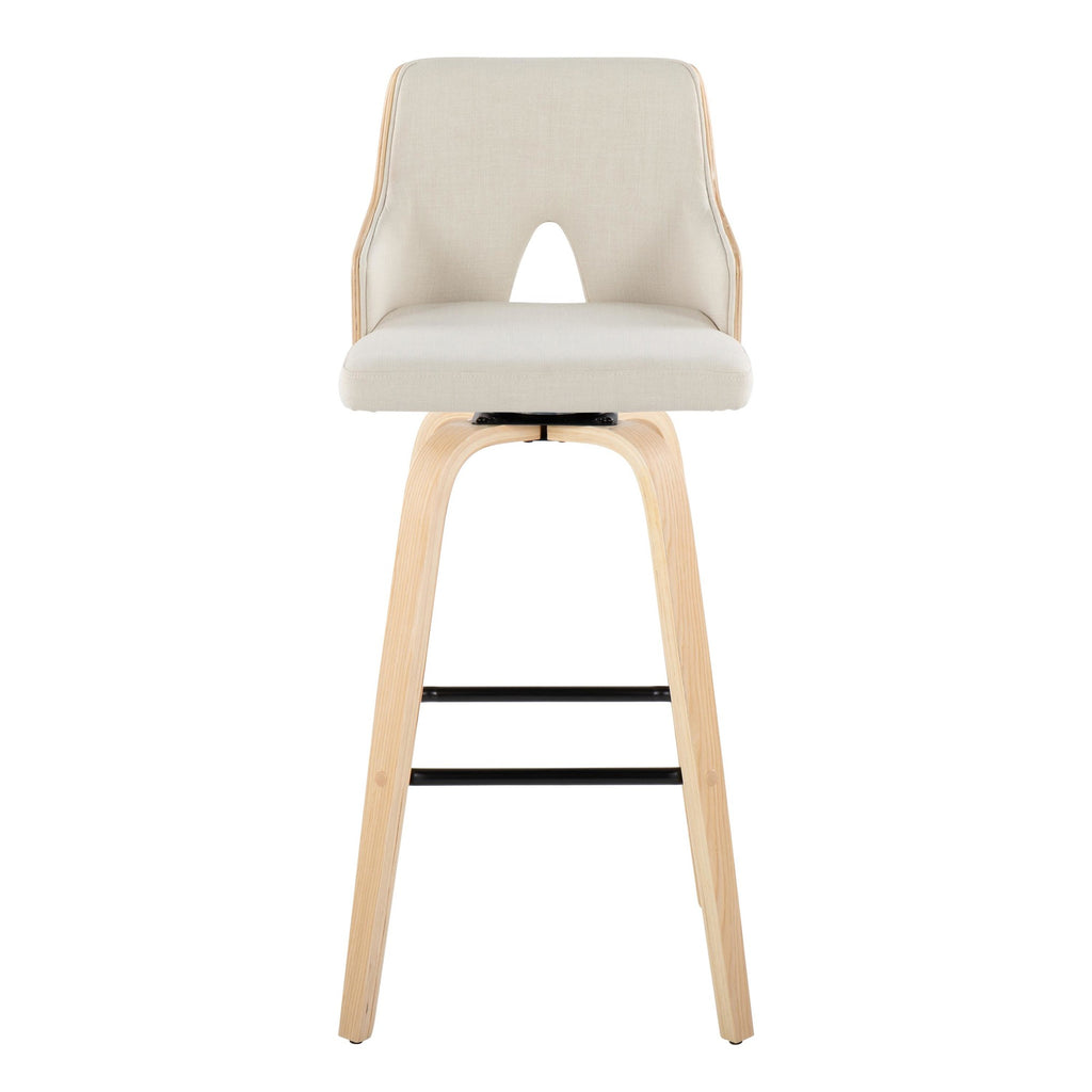 Stella 30" Fixed-Height Barstool - Set of 2 - Natural Wood, Cream Fabric, Black Metal