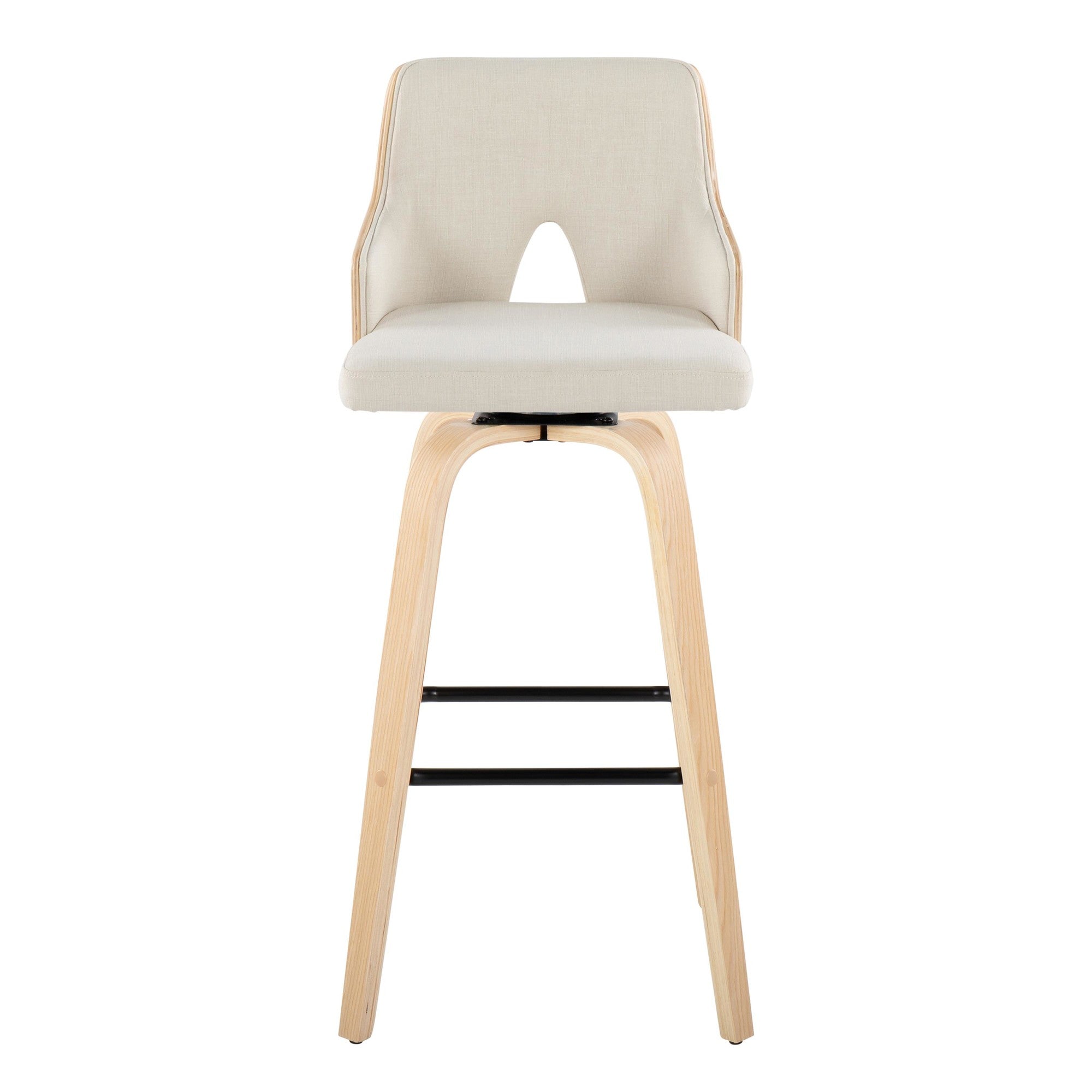 Stella 30" Fixed-Height Barstool - Set of 2 - Natural Wood, Cream Fabric, Black Metal