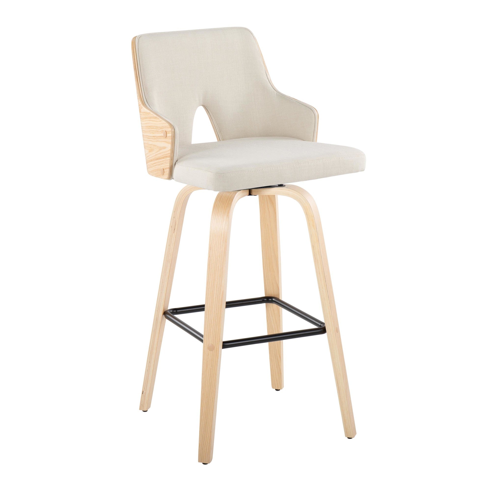 Stella 30" Fixed-Height Barstool - Set of 2 - Natural Wood, Cream Fabric, Black Metal