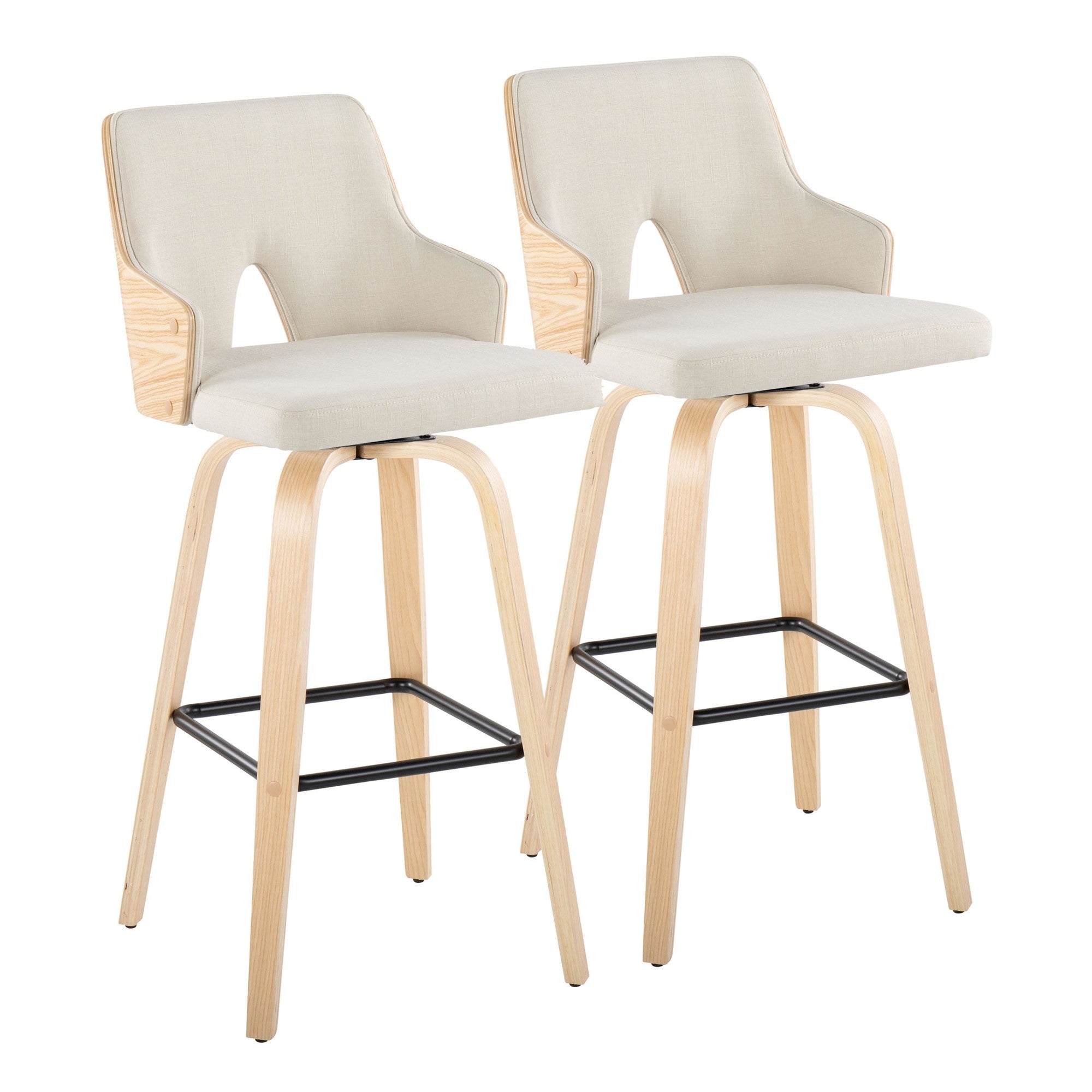Stella 30" Fixed-Height Barstool - Set of 2 - Natural Wood, Cream Fabric, Black Metal