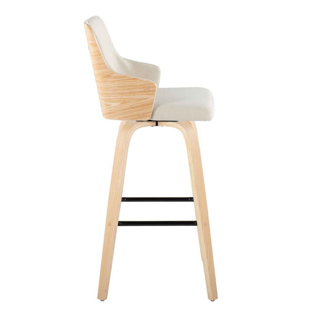 Stella 30" Fixed-Height Barstool - Set of 2 - Natural Wood, Cream Fabric, Black Metal