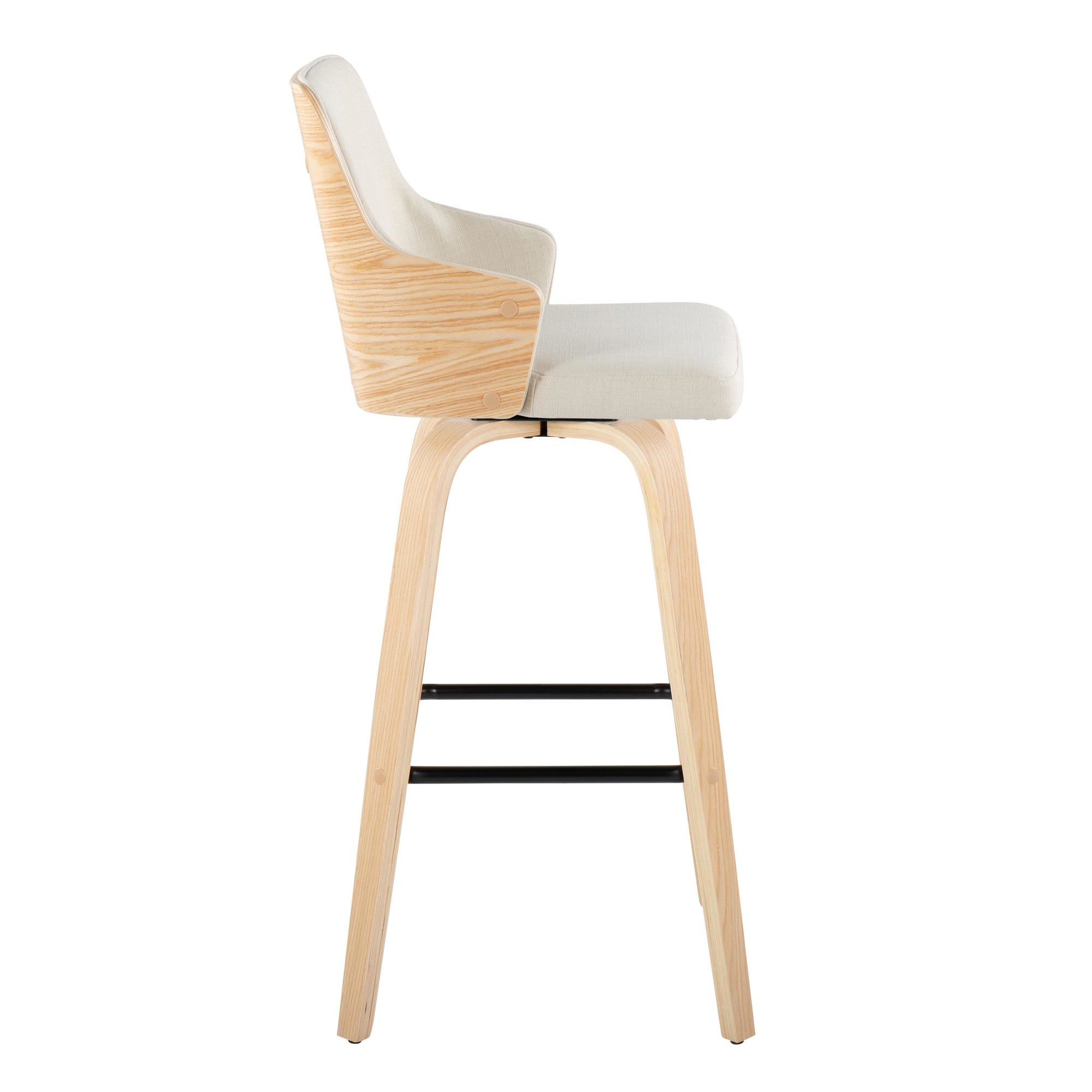 Stella 30" Fixed-Height Barstool - Set of 2 - Natural Wood, Cream Fabric, Black Metal