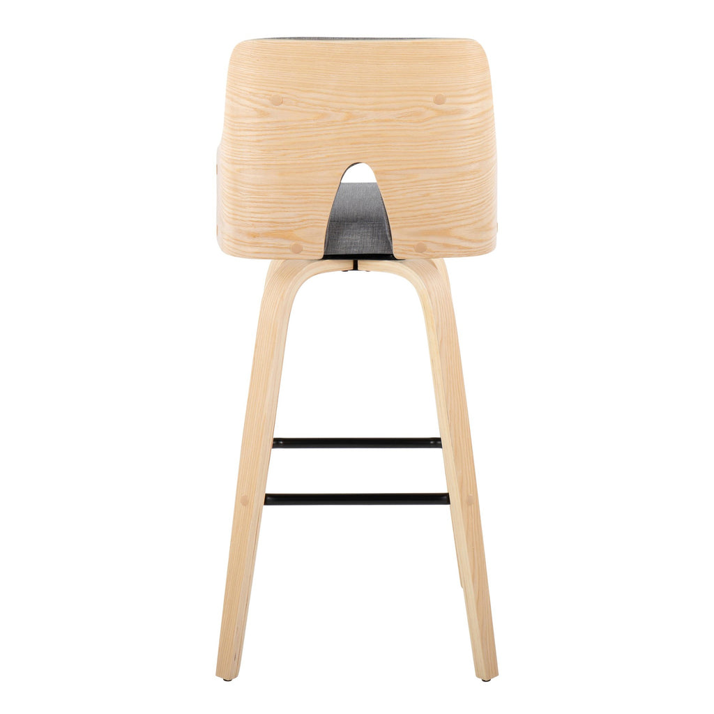 Stella 30" Fixed-Height Barstool - Set of 2 - Natural Wood, Light Grey Fabric, Black Metal