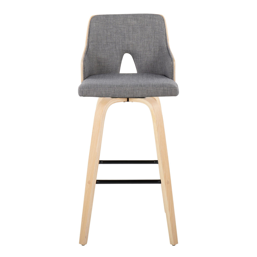 Stella 30" Fixed-Height Barstool - Set of 2 - Natural Wood, Light Grey Fabric, Black Metal