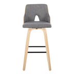 Stella 30" Fixed-Height Barstool - Set of 2 - Natural Wood, Light Grey Fabric, Black Metal