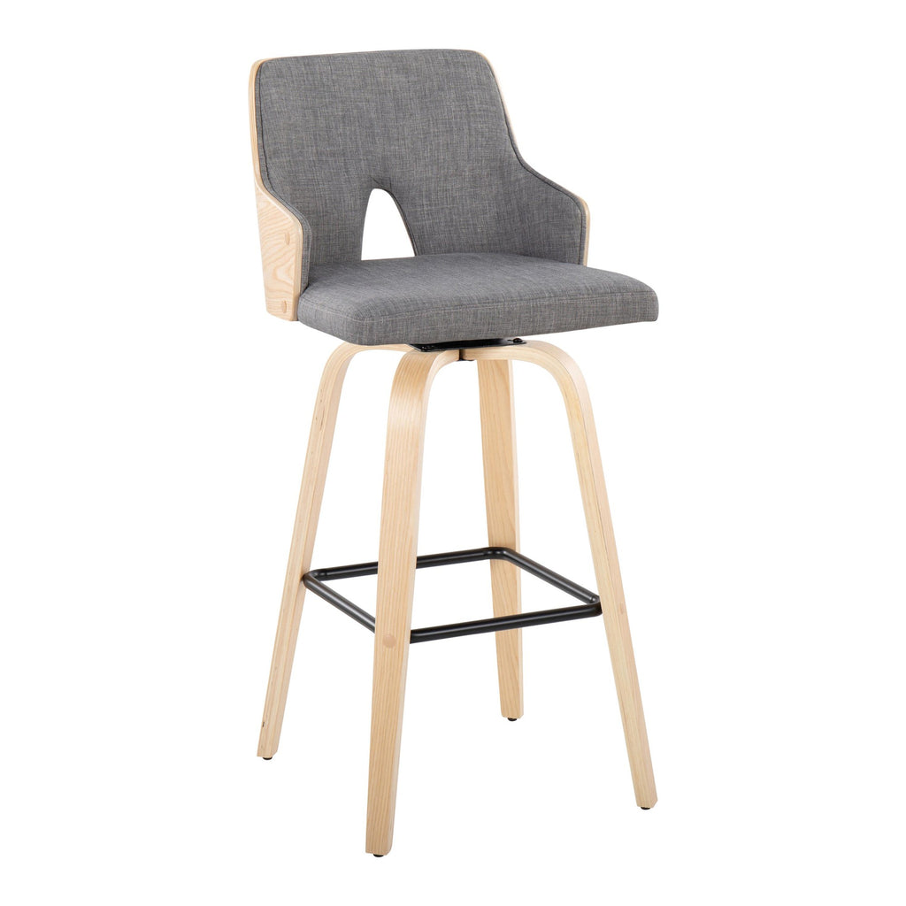 Stella 30" Fixed-Height Barstool - Set of 2 - Natural Wood, Light Grey Fabric, Black Metal