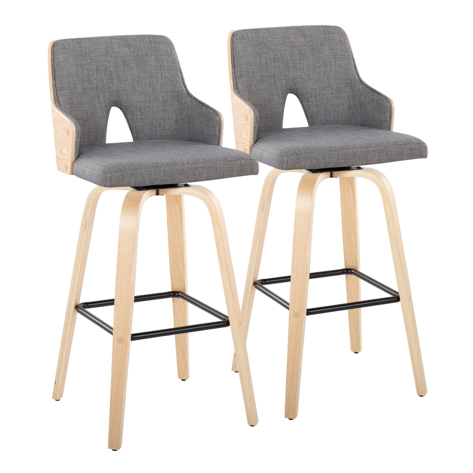Stella 30" Fixed-Height Barstool - Set of 2 - Natural Wood, Light Grey Fabric, Black Metal