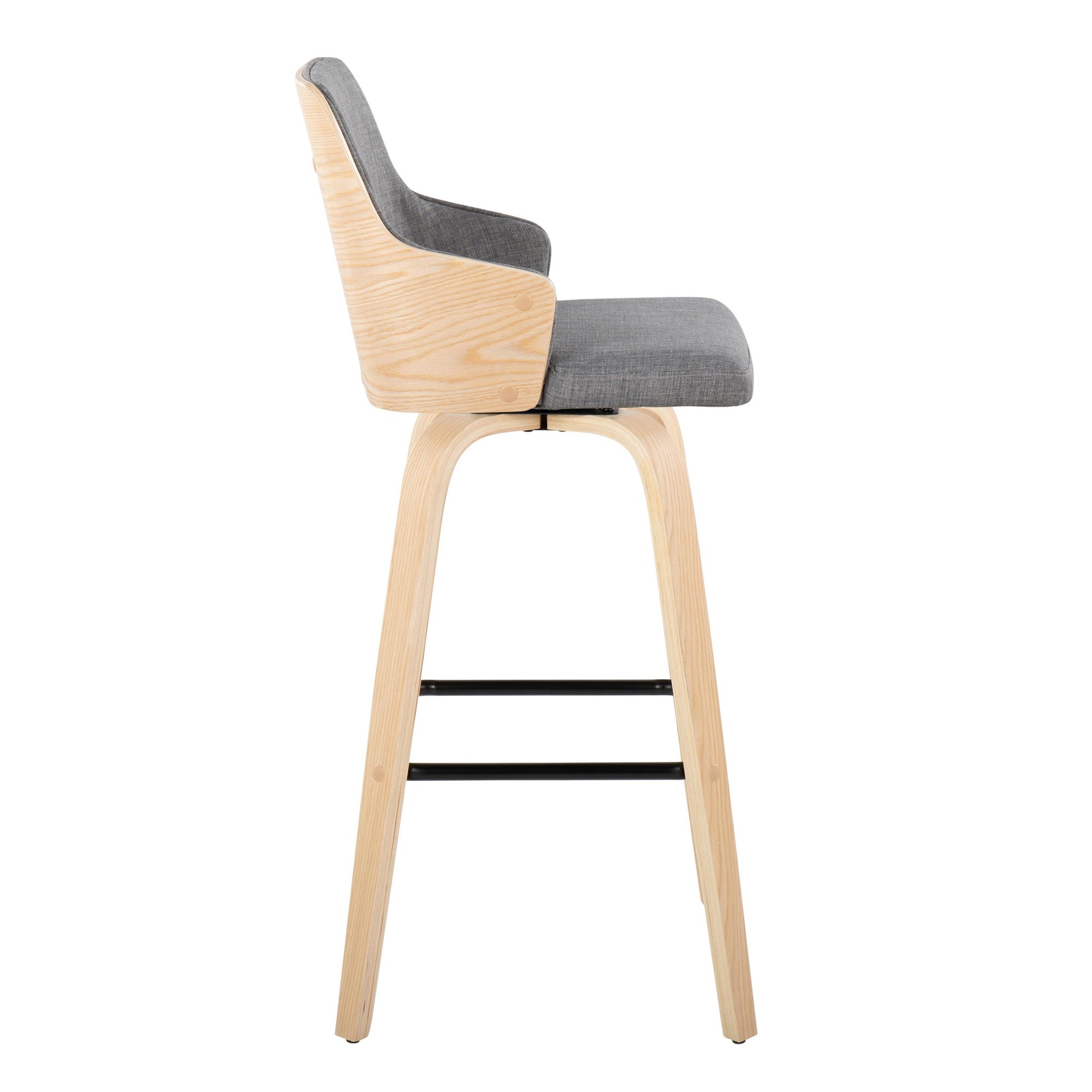 Stella 30" Fixed-Height Barstool - Set of 2 - Natural Wood, Light Grey Fabric, Black Metal