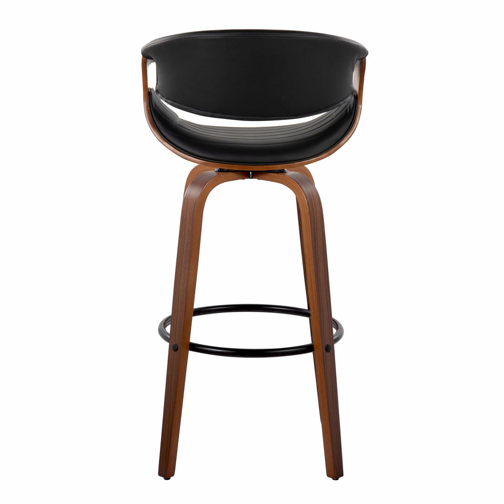 Symphony 30" Fixed-Height Barstool - Set of 2 - Black Metal, Walnut Wood, Black PU