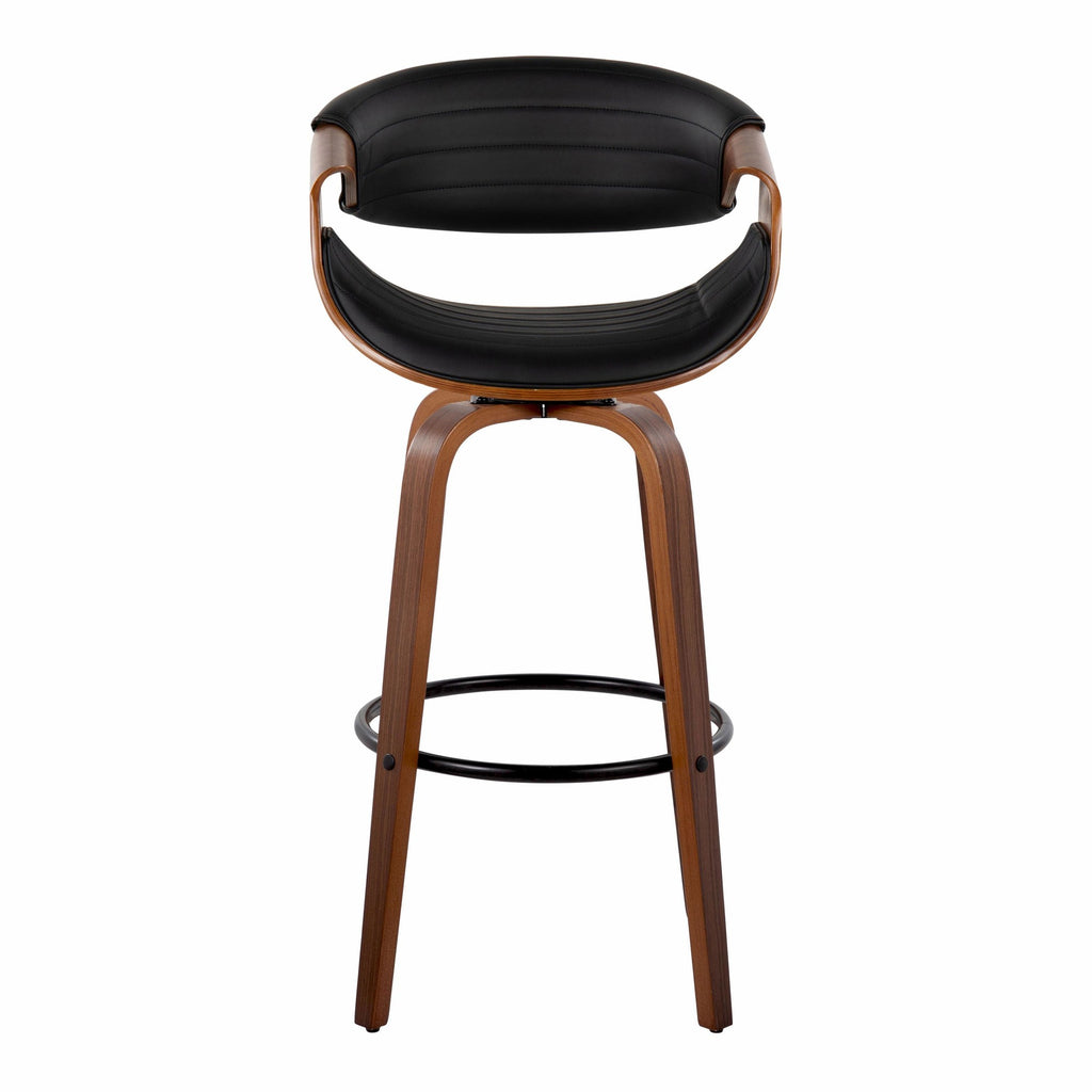 Symphony 30" Fixed-Height Barstool - Set of 2 - Black Metal, Walnut Wood, Black PU