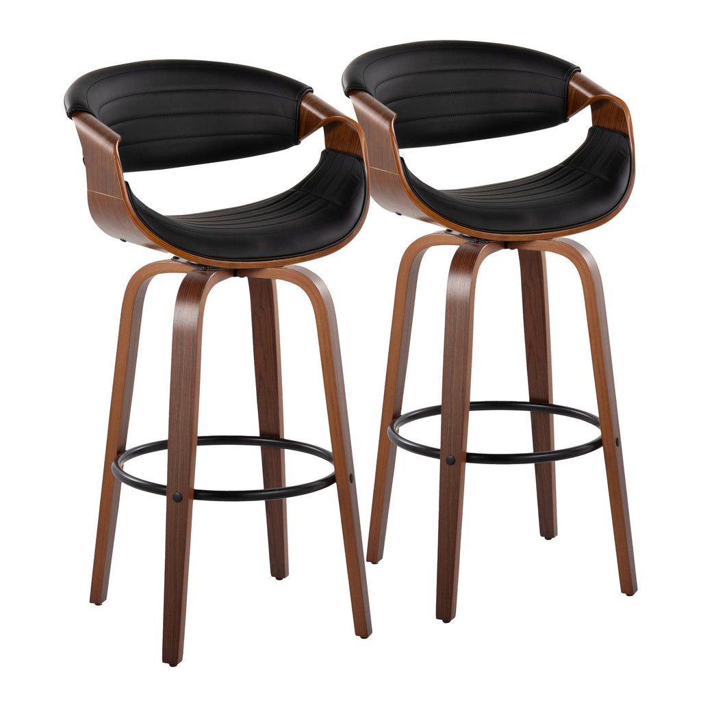 Symphony 30" Fixed-Height Barstool - Set of 2 - Black Metal, Walnut Wood, Black PU