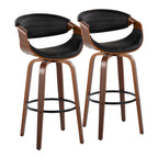 Symphony 30" Fixed-Height Barstool - Set of 2 - Black Metal, Walnut Wood, Black PU