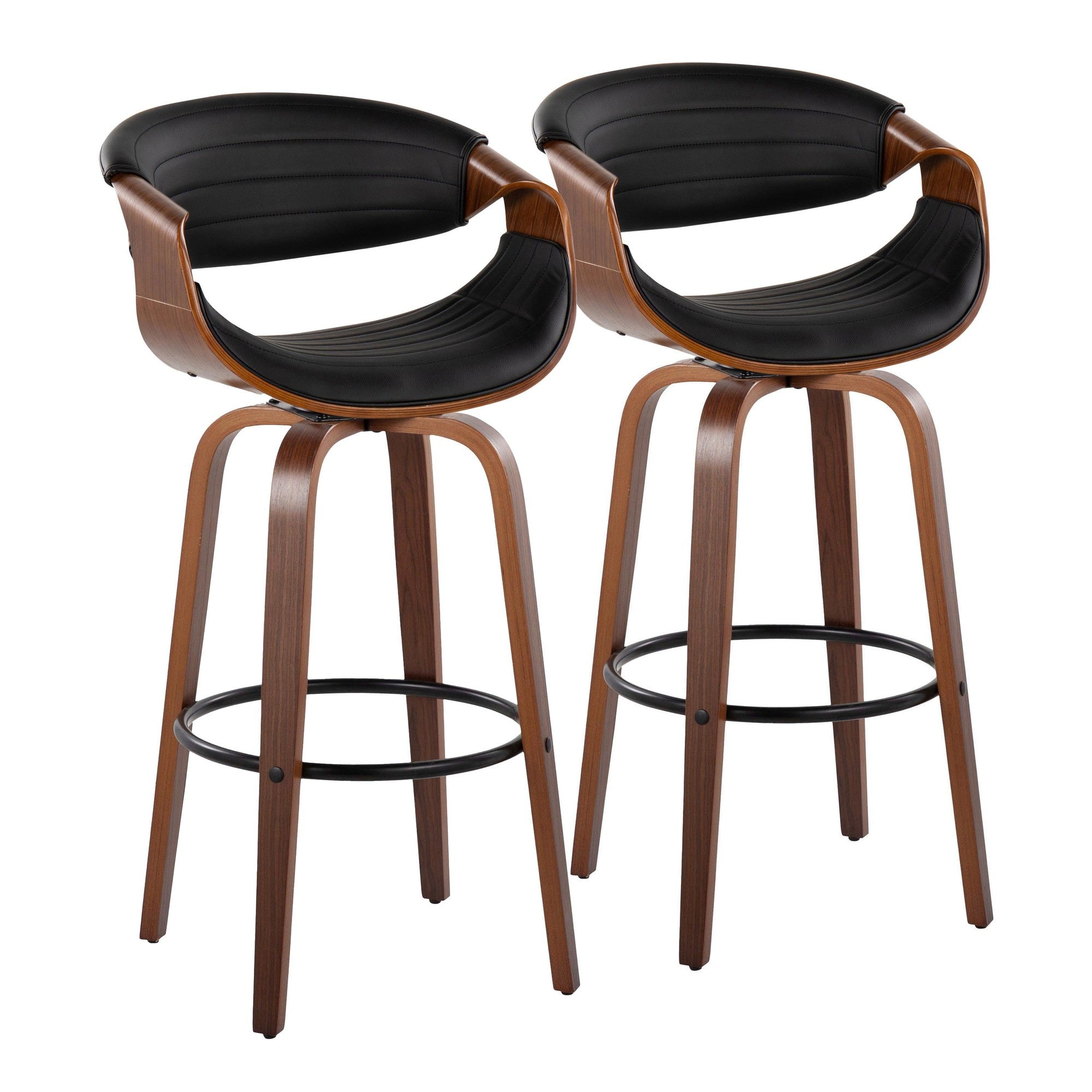 Symphony 30" Fixed-Height Barstool - Set of 2 - Black Metal, Walnut Wood, Black PU