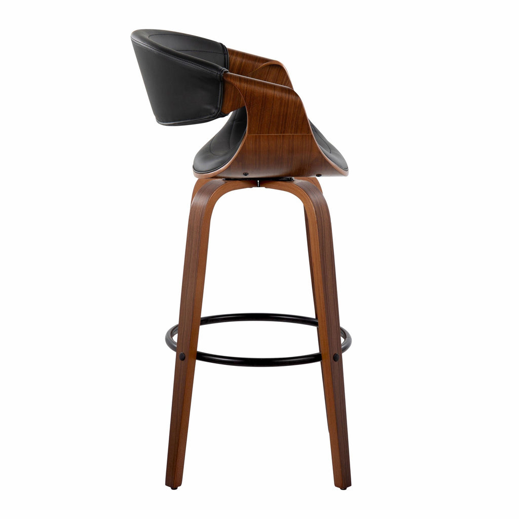 Symphony 30" Fixed-Height Barstool - Set of 2 - Black Metal, Walnut Wood, Black PU