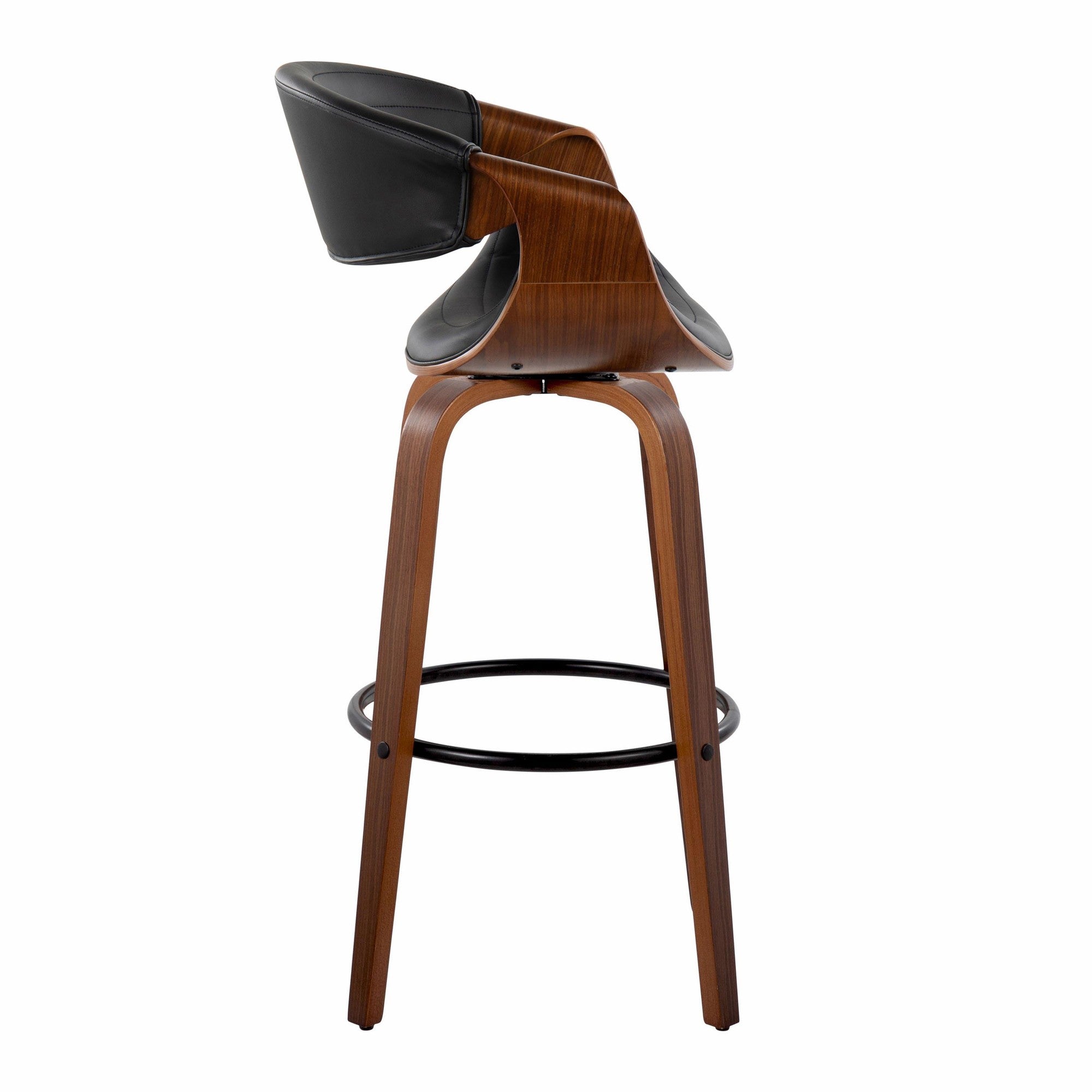 Symphony 30" Fixed-Height Barstool - Set of 2 - Black Metal, Walnut Wood, Black PU