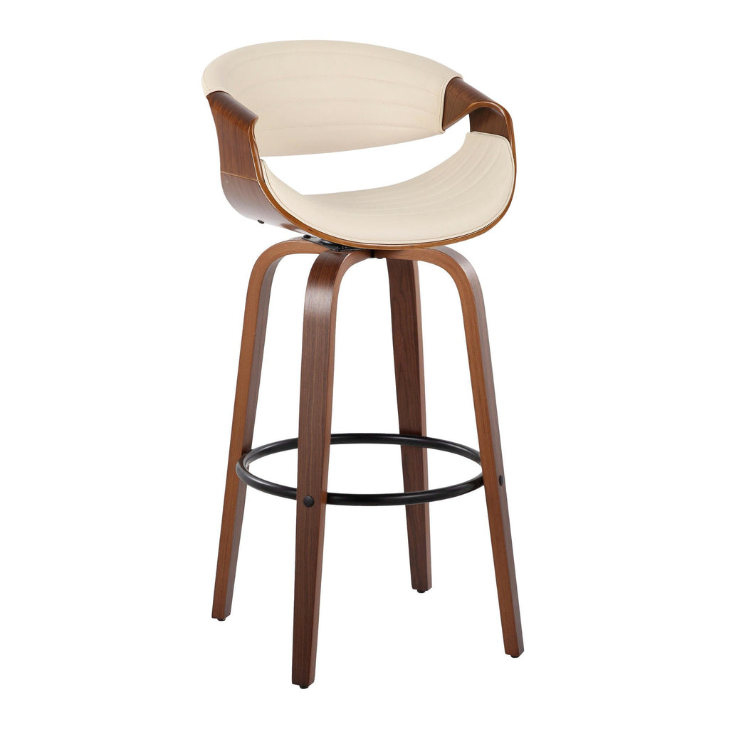 Symphony 30" Fixed-Height Barstool - Set of 2 - Walnut Wood, Black Metal, Cream PU