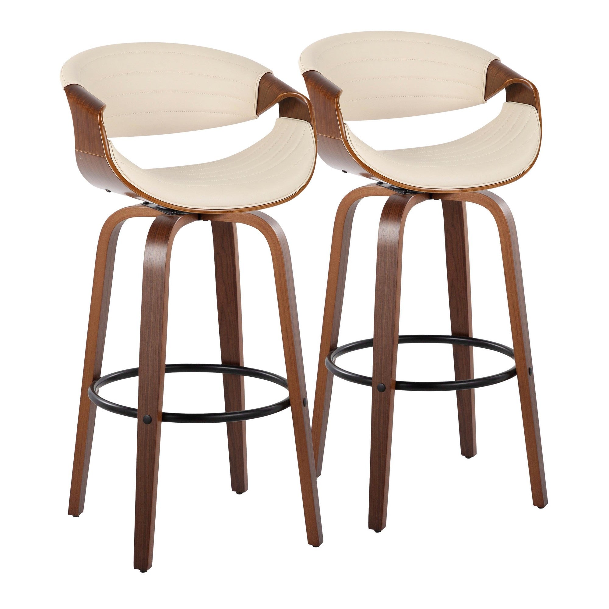 Symphony 30" Fixed-Height Barstool - Set of 2 - Walnut Wood, Black Metal, Cream PU