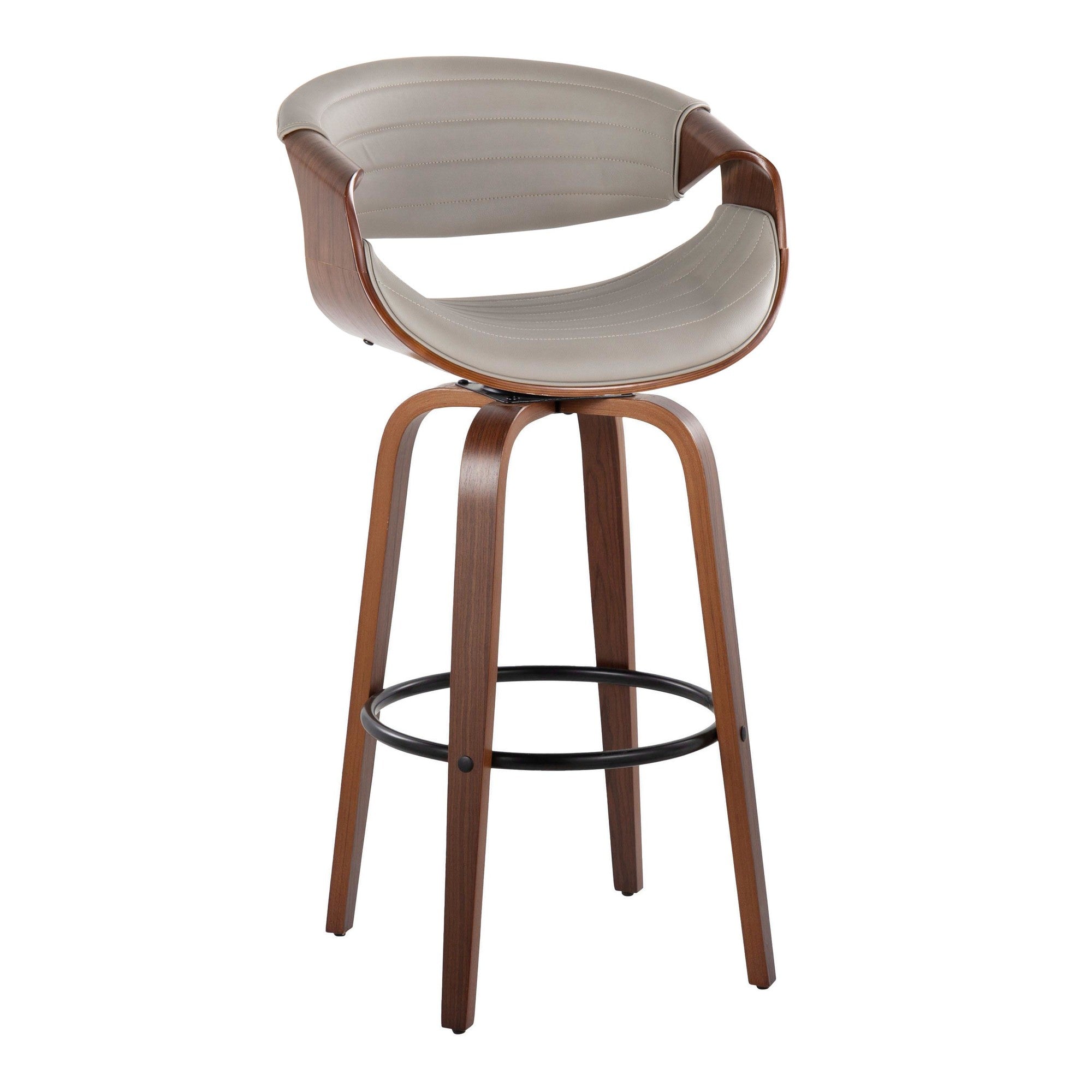 Symphony 30" Fixed-Height Barstool - Set of 2 - Walnut Wood, Black Metal, Pewter Grey PU