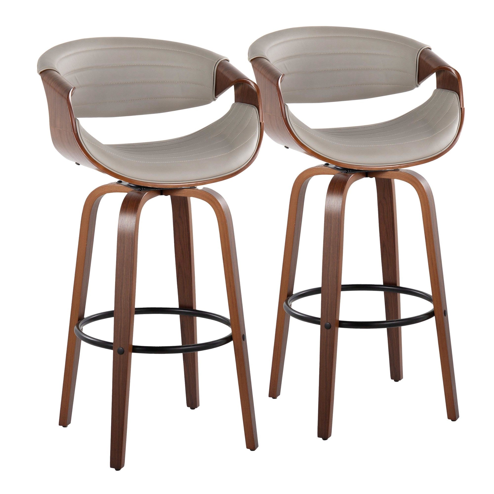 Symphony 30" Fixed-Height Barstool - Set of 2 - Walnut Wood, Black Metal, Pewter Grey PU