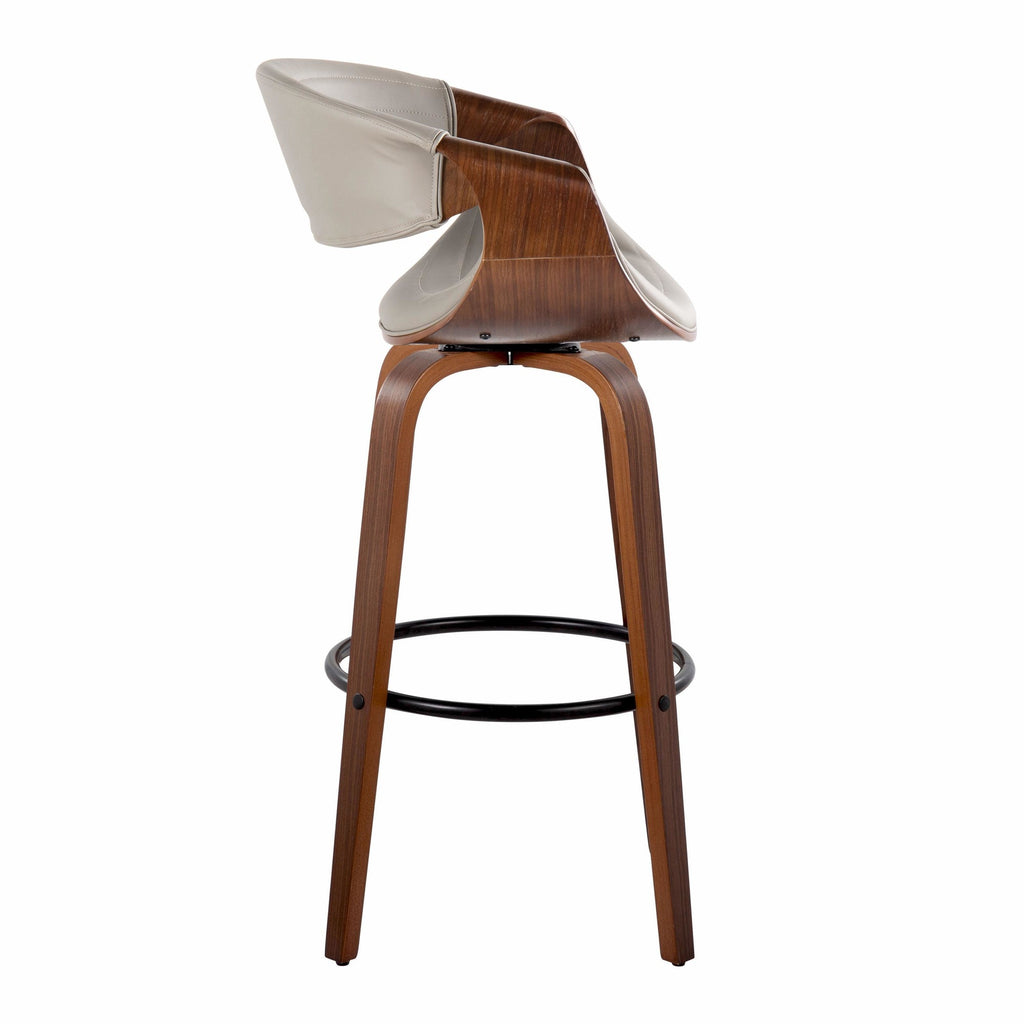 Symphony 30" Fixed-Height Barstool - Set of 2 - Walnut Wood, Black Metal, Pewter Grey PU