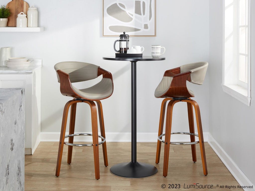 Symphony 30" Fixed-Height Barstool - Set of 2 - Walnut Wood, Chrome Metal, Grey PU