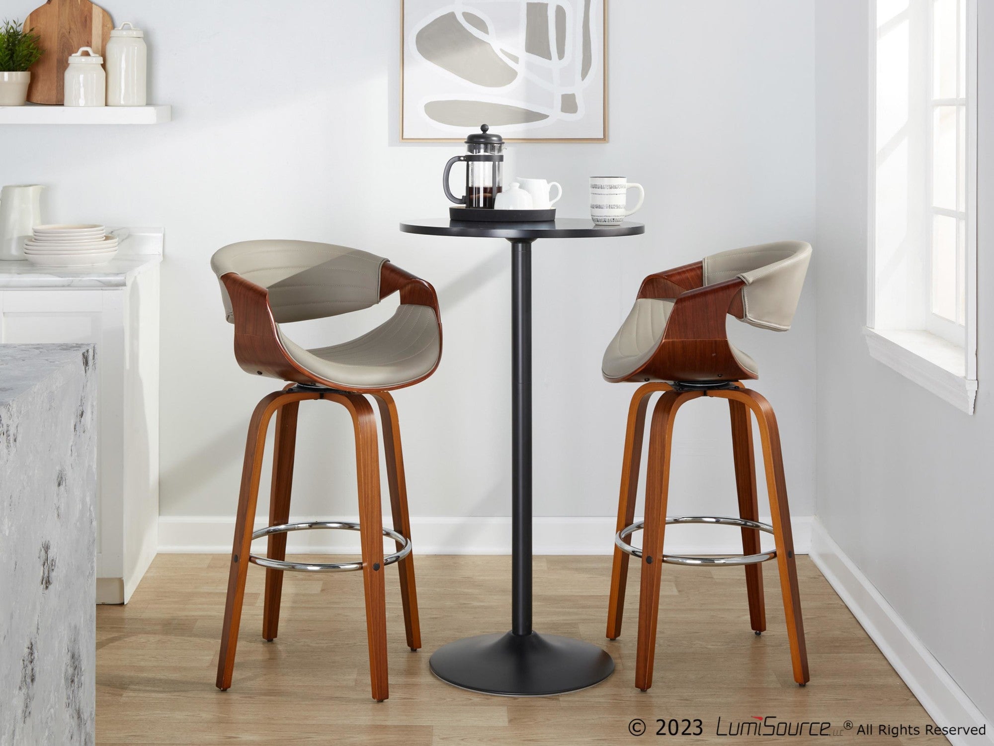 Symphony 30" Fixed-Height Barstool - Set of 2 - Walnut Wood, Chrome Metal, Grey PU
