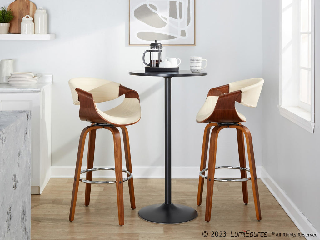 Symphony 30" Fixed-Height Barstool - Set of 2 - Walnut Wood, Chrome Metal, Cream PU