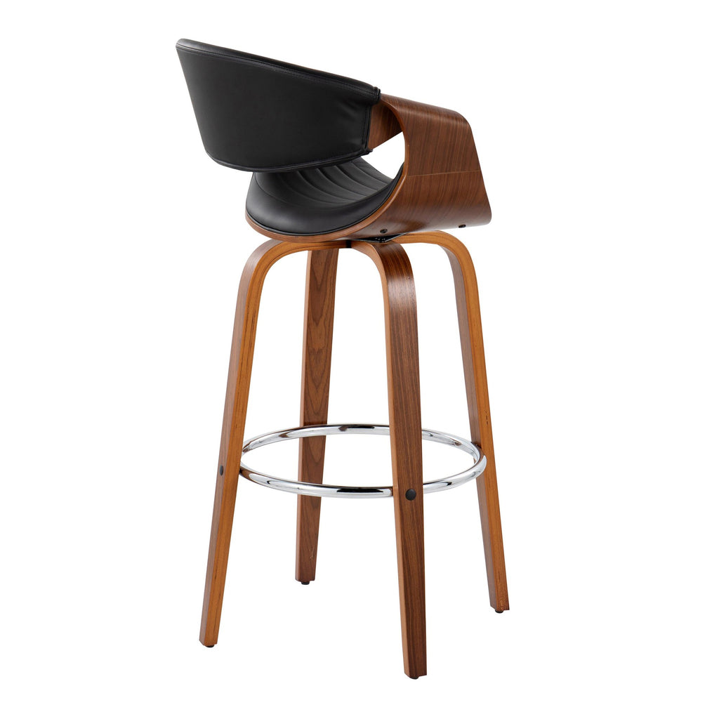 Symphony 30" Fixed-Height Barstool - Set of 2 - Walnut Wood, Chrome Metal, Black PU