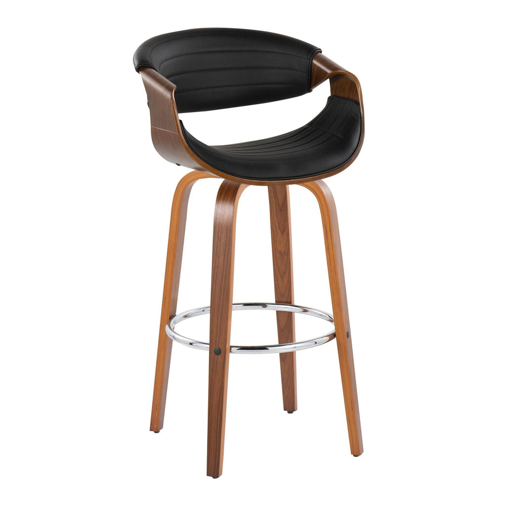 Symphony 30" Fixed-Height Barstool - Set of 2 - Walnut Wood, Chrome Metal, Black PU